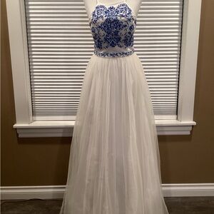 Elegant Blue and White Embroidered Gown